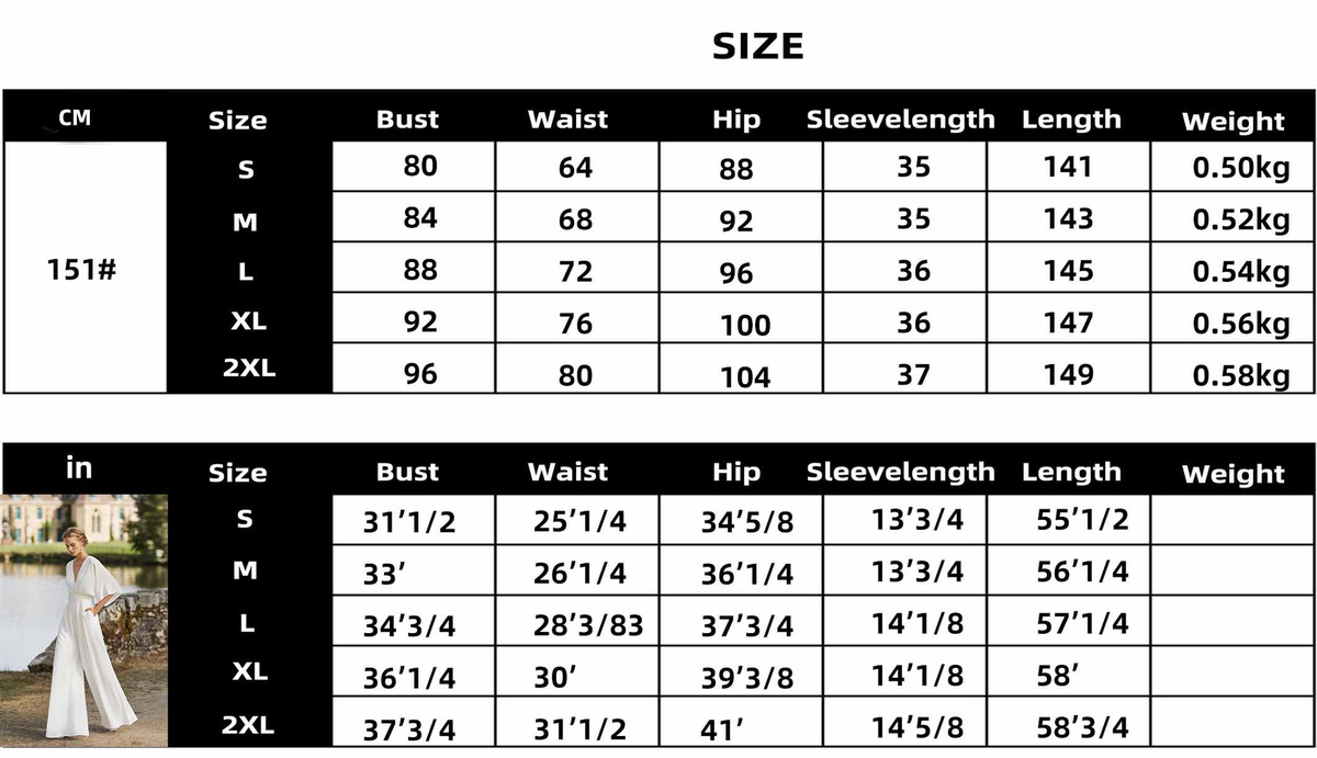 Size chart for M.ZX Wide Leg Jumpsuit in CM and inches, showing bust, waist, hip, sleeve length, length, and weight.