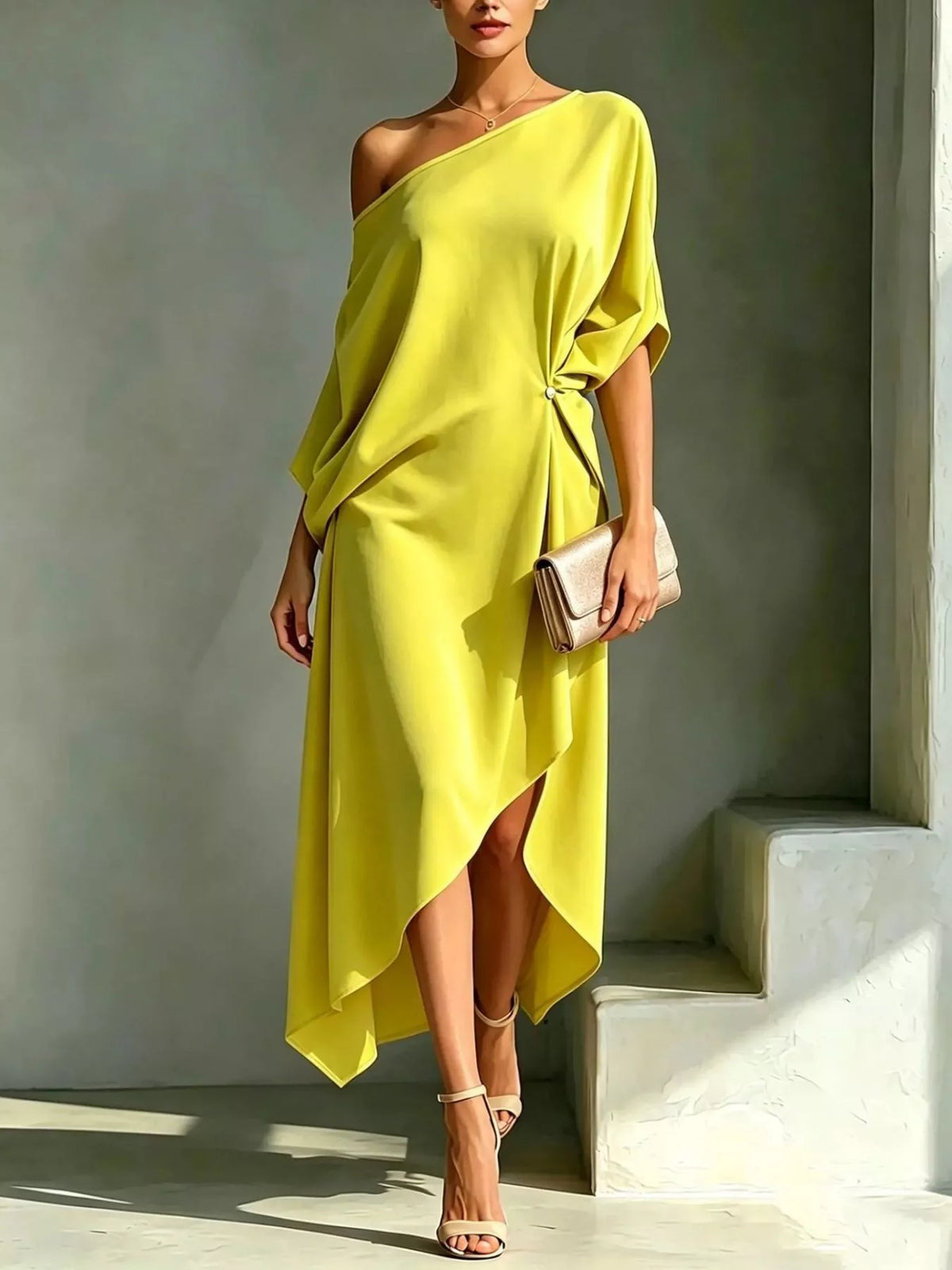 Plus size yellow asymmetrical one-shoulder drape dress with a gold clutch and nude heels.