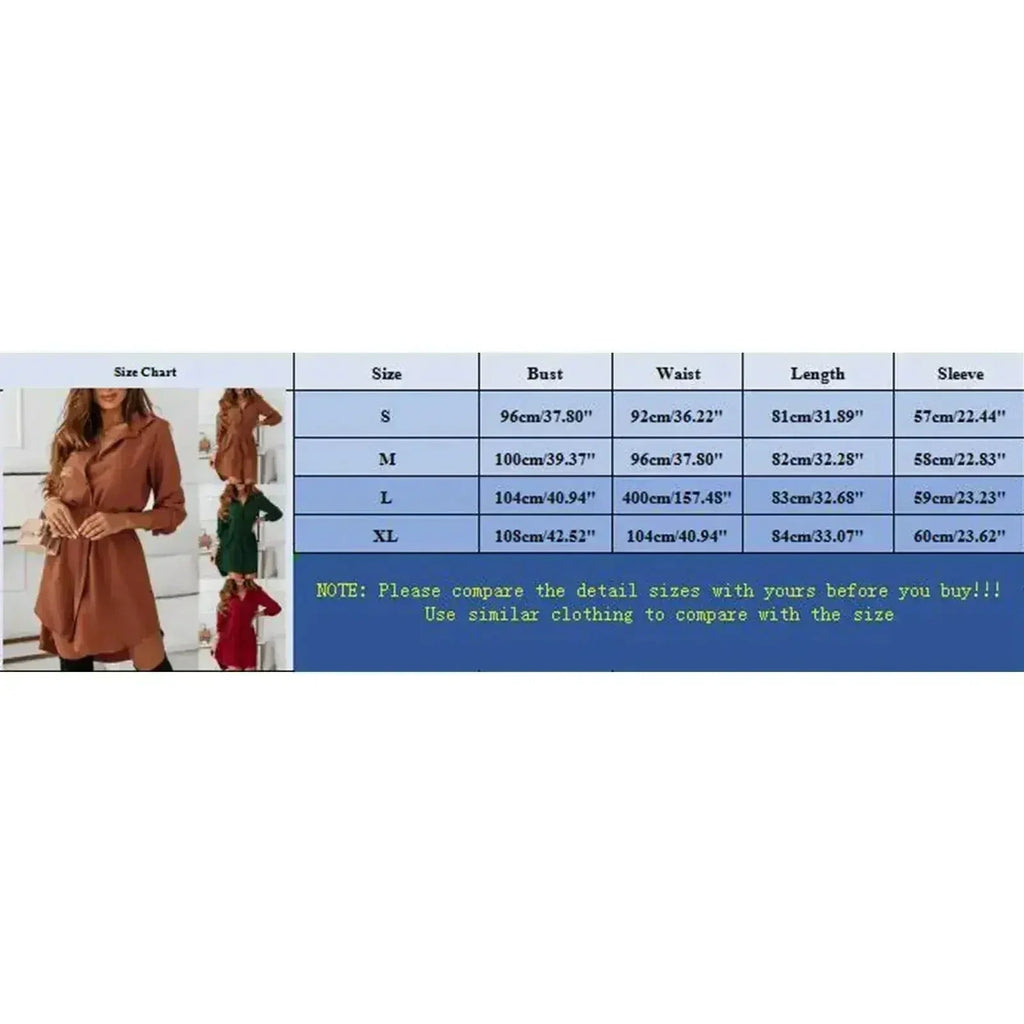 Size chart for a Femstylo A-line knee-length shirt dress in brown, green, and red.