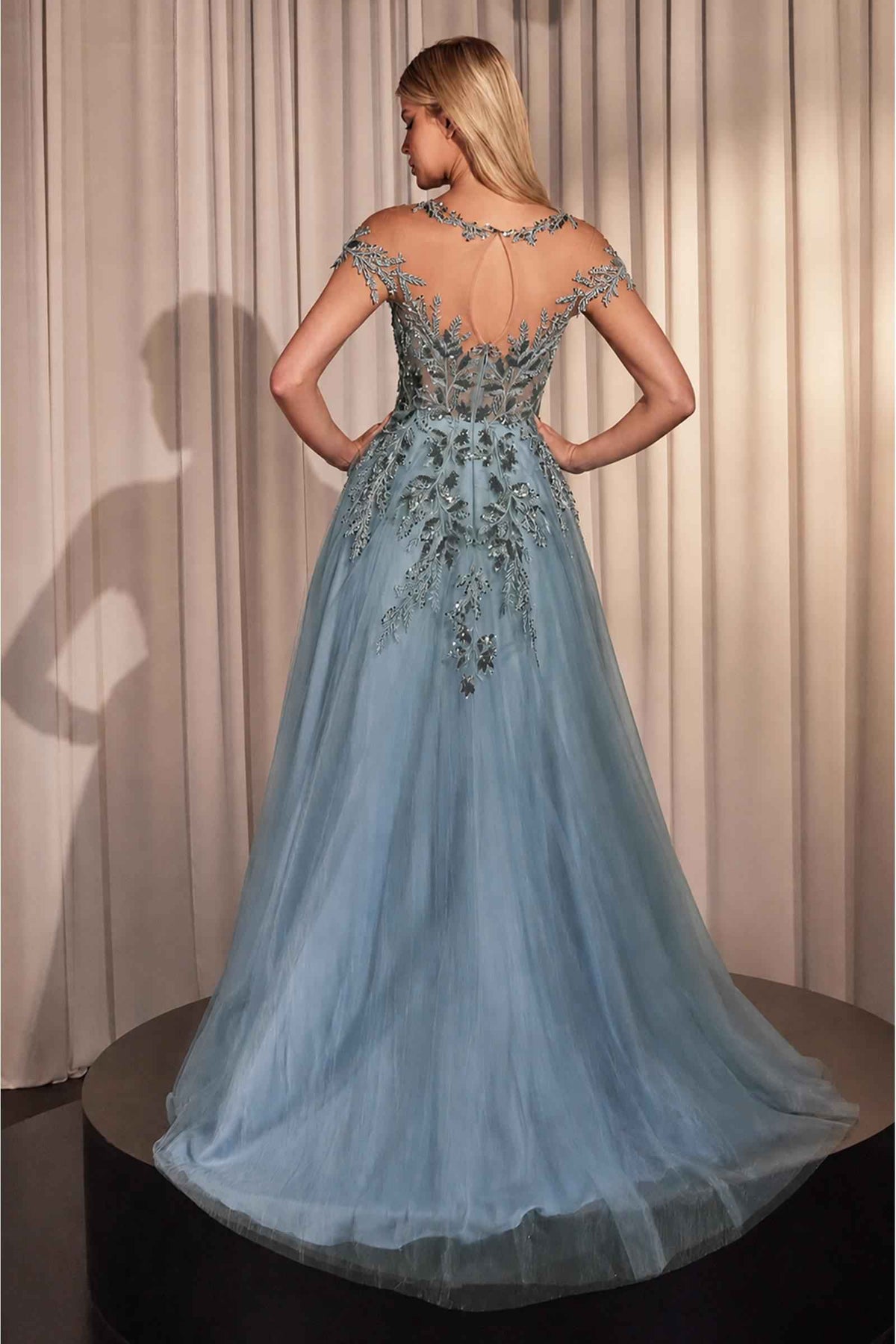 Back view of a dusty blue A-line gown with cap sleeves, illusion neckline, and floral sequin appliqué.