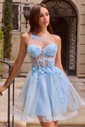 Light blue one-shoulder corset homecoming dress with floral appliqué and tulle skirt.