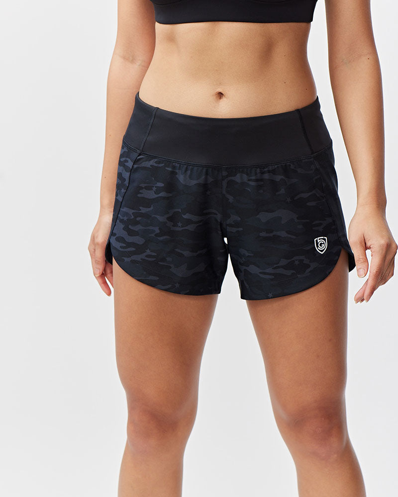 Goal Five Excel Women's black camouflage workout shorts with hidden pocket.