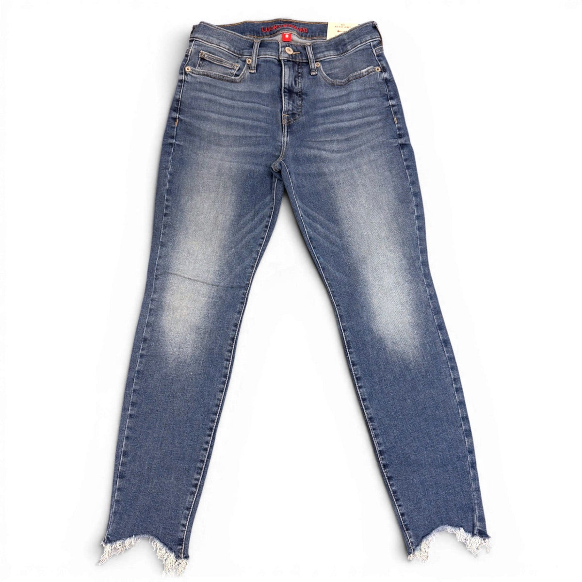Lucky Brand Women's Mr Ava Skinny Jeans in Wild Light wash with distressed hem.