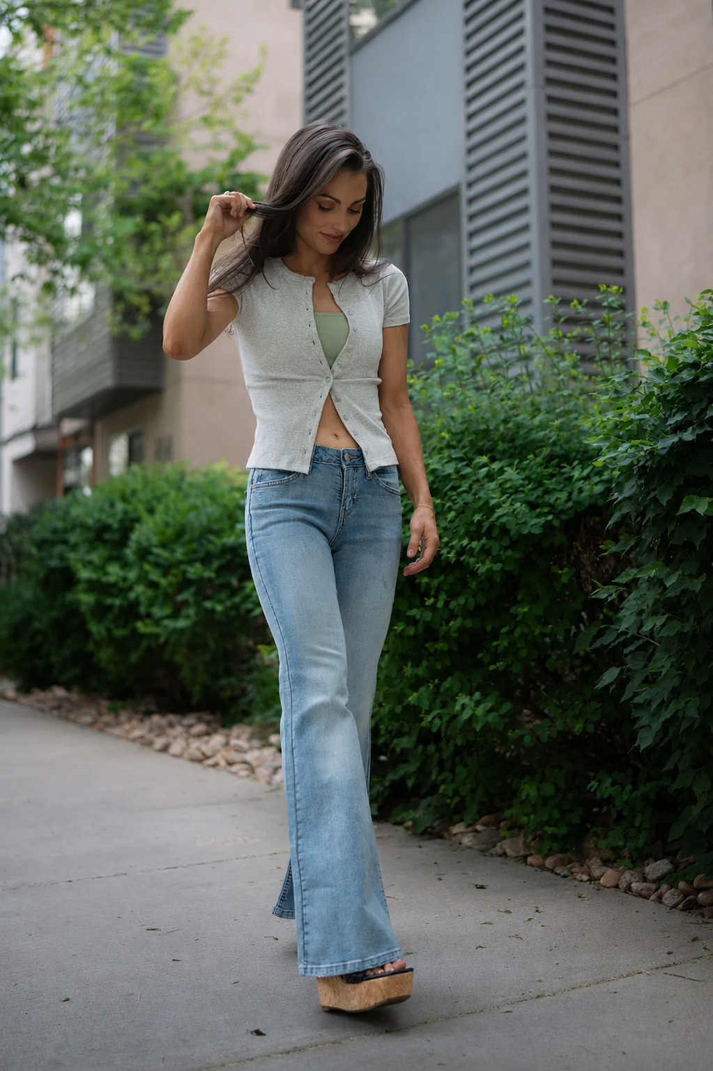 Woman wearing a light grey button-up cardigan over a green sports bra and light wash flare jeans.