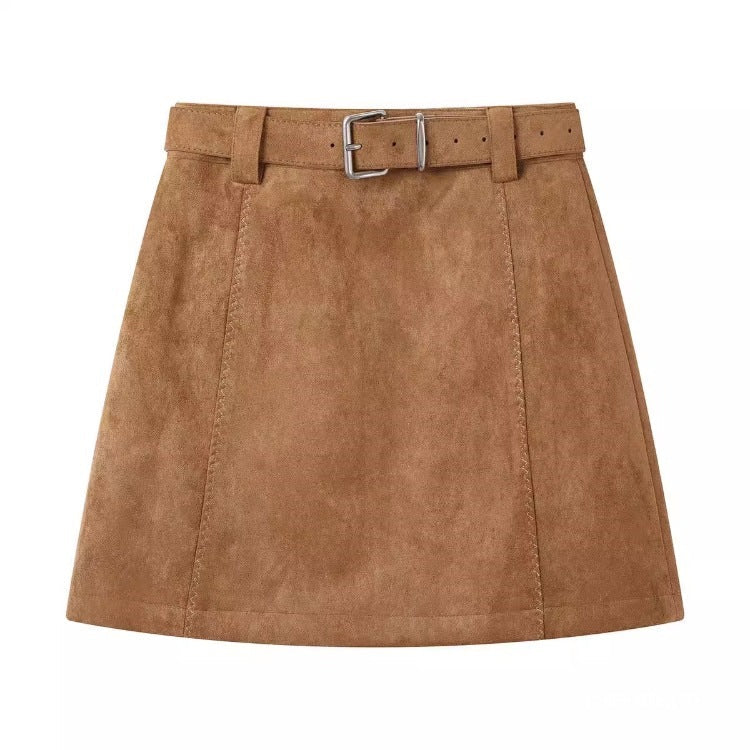 Brown suede A-line mini skirt with a matching belt and high-waisted design.