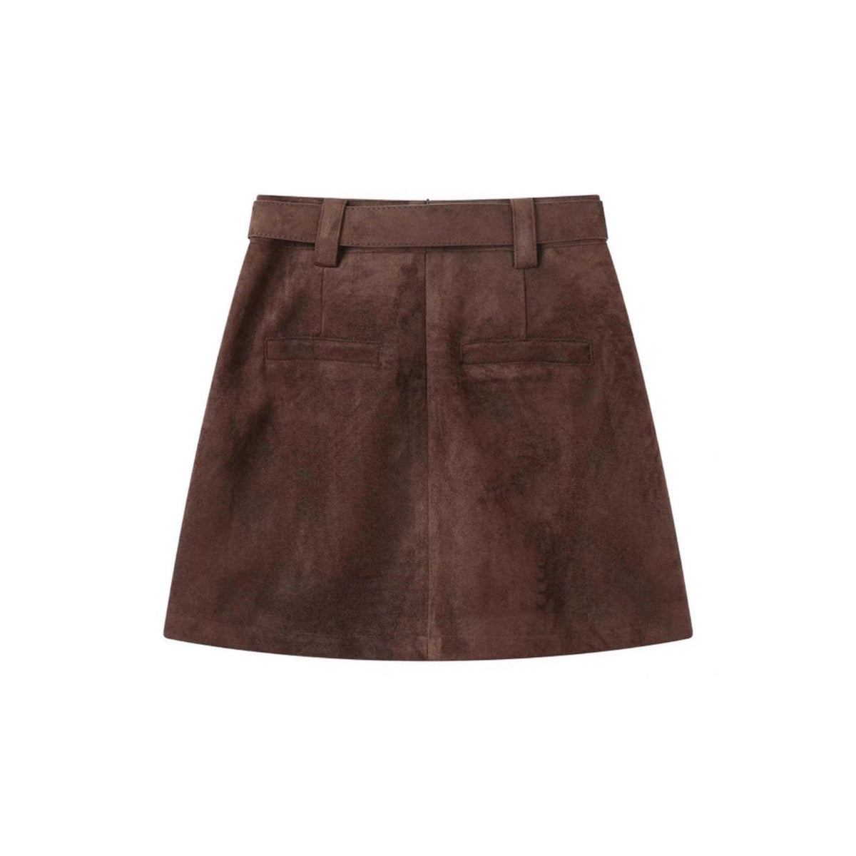 Back view of a brown suede A-line mini skirt with a high waist, belt loops, and two welt pockets.