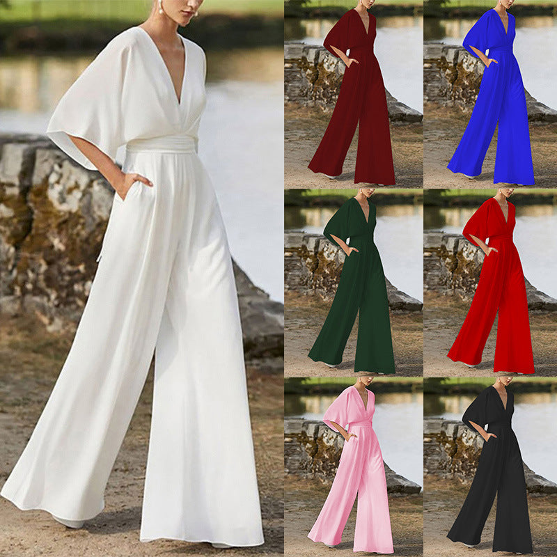 M.ZX Wide Leg Jumpsuit in white, red, blue, green, pink, and black.