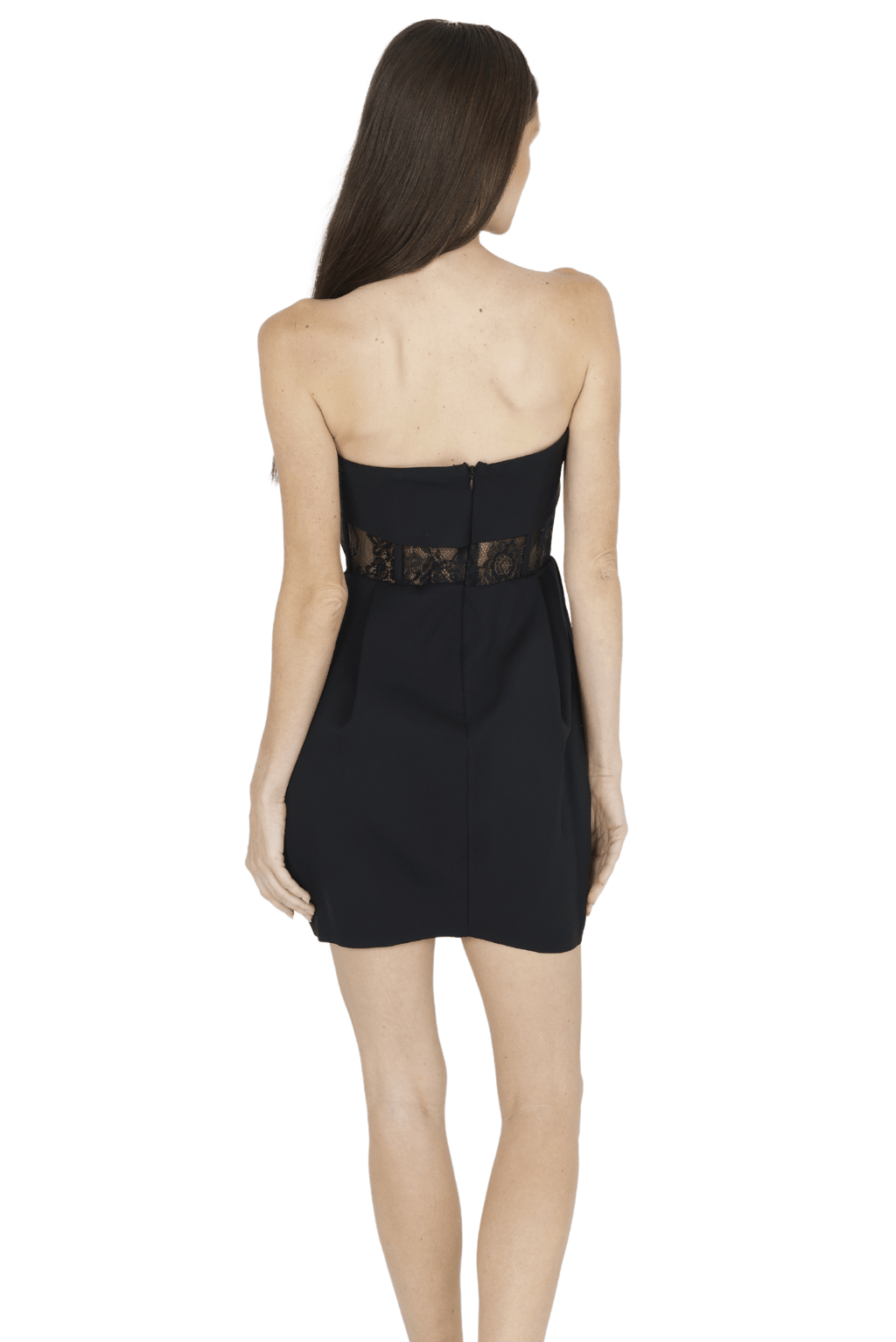 Black strapless mini dress with lace detail at the waist, shown from the back.