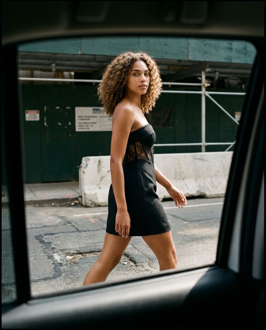 Woman wearing a black strapless lace corset dress walking on a city street.