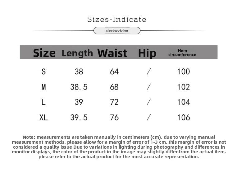 Size chart for a brown suede A-line mini skirt showing length, waist, and hem in cm for sizes S-XL.