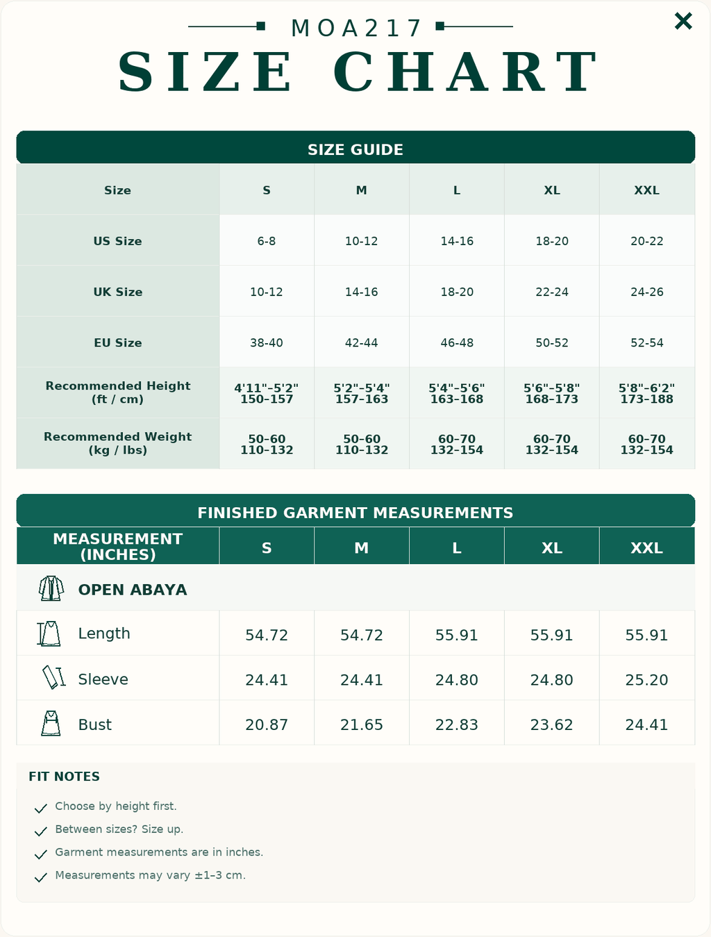Size guide and finished garment measurements for the MOA217 Vintage Knitted Cardigan Abaya.