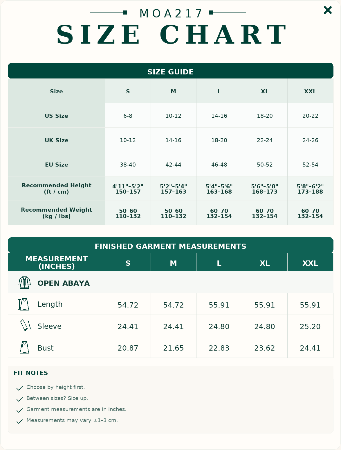Size guide and finished garment measurements for the MOA217 Vintage Knitted Cardigan Abaya.