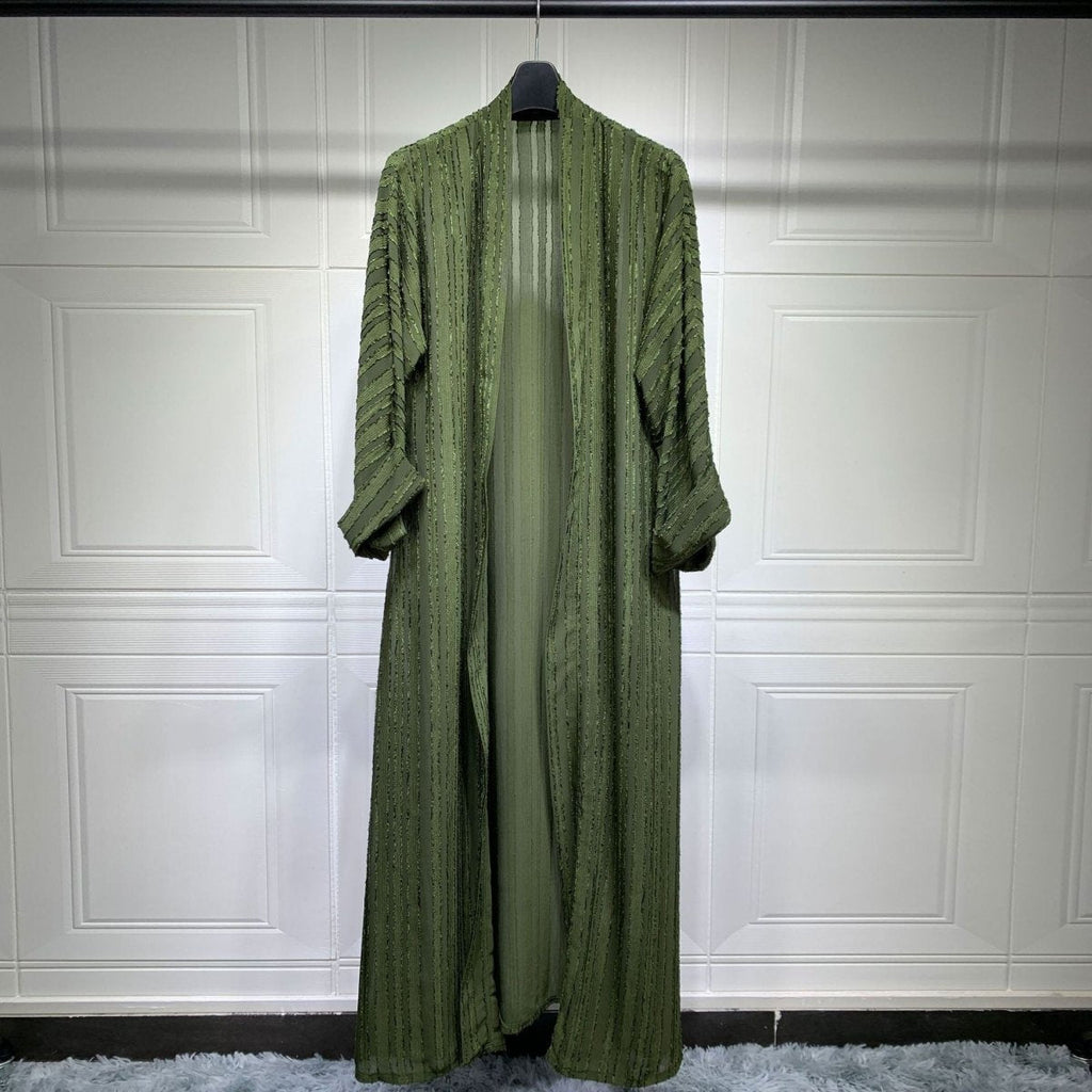 Olive green longline open-front knitted cardigan abaya with vertical stripes and fringe details.