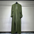 Olive green longline open-front knitted cardigan abaya with vertical stripes and fringe details.