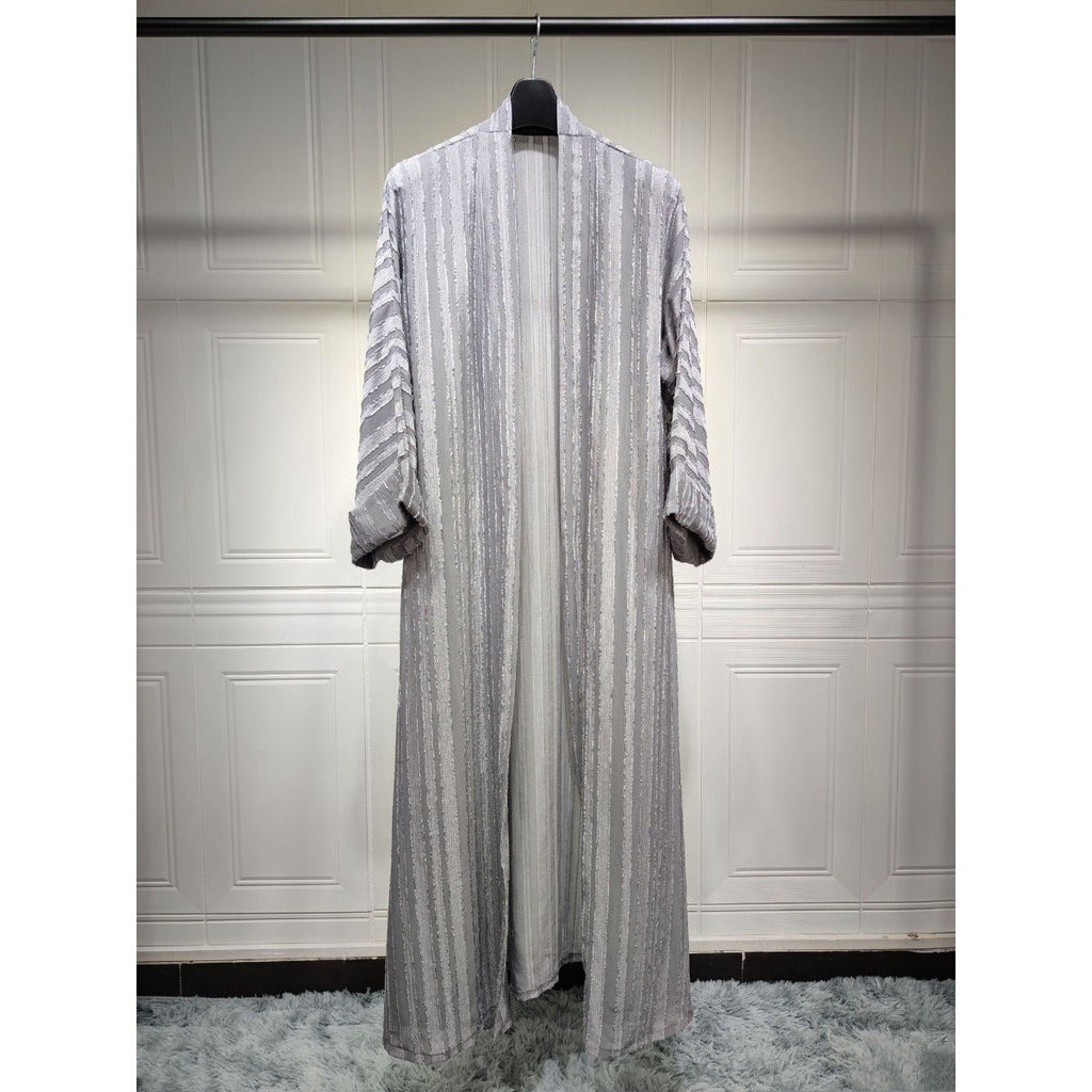 Grey vintage knitted longline open front cardigan abaya with vertical stripes and fringe details.