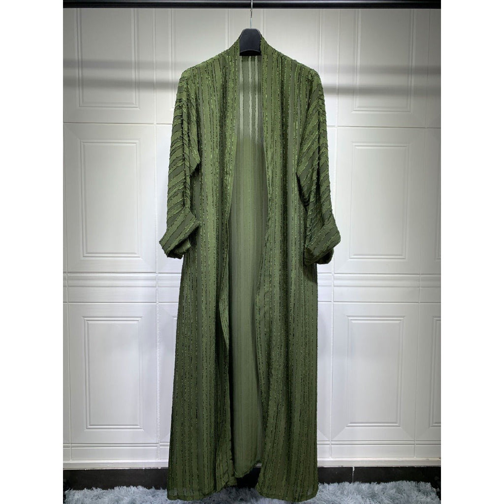 Olive green vintage knitted longline open front cardigan abaya with vertical textured stripes.