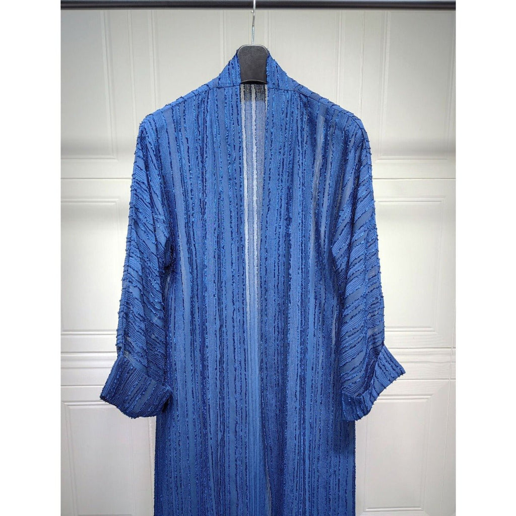 Blue vintage knitted longline open front abaya with vertical stripes and fringe details.